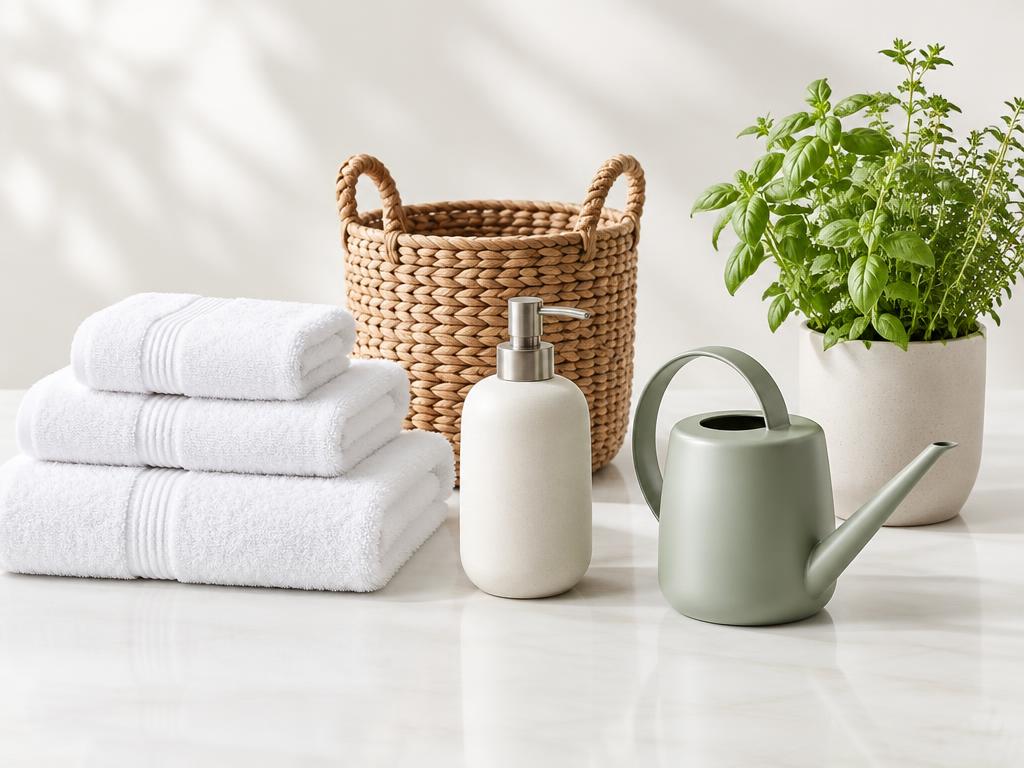 Towels, soap dispensers, bath accessories and baskets