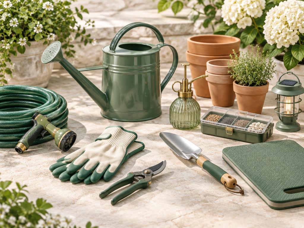 Garden tools, watering can, pots and outdoor accessories