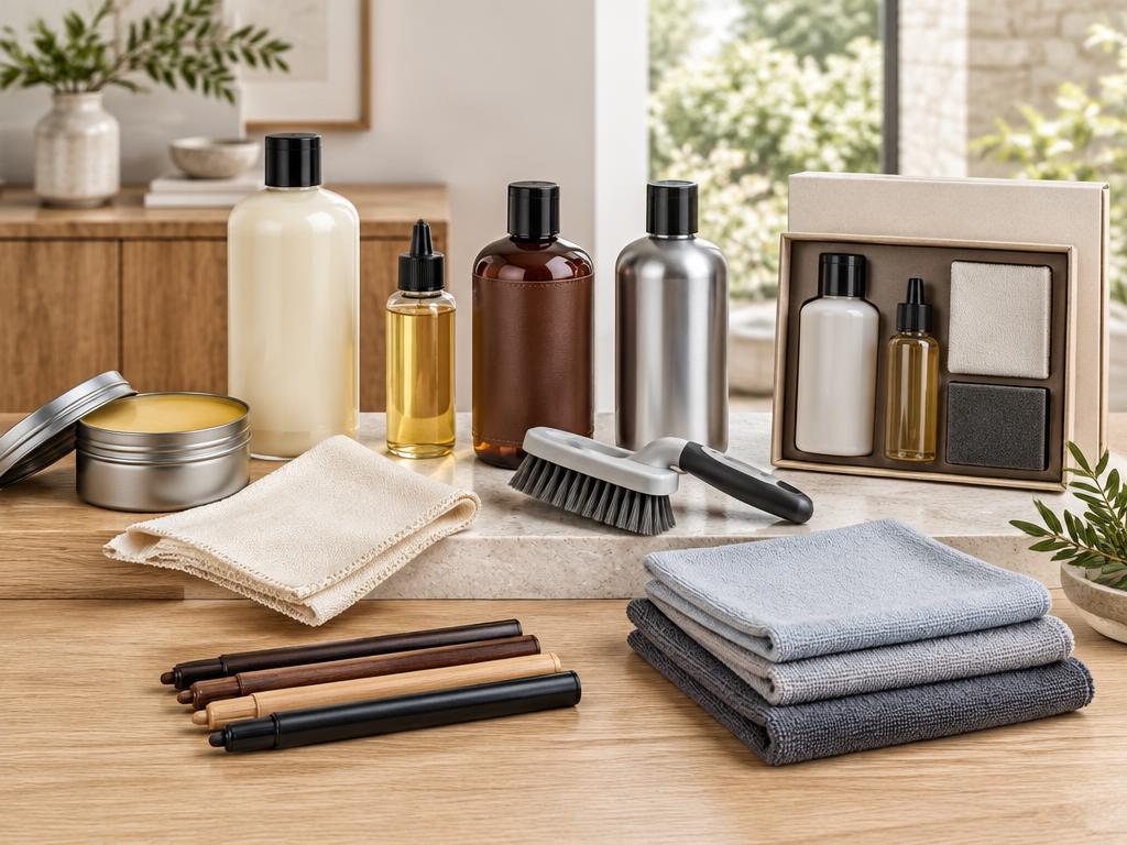 Wood polish, care bottles, brushes and microfiber cloths