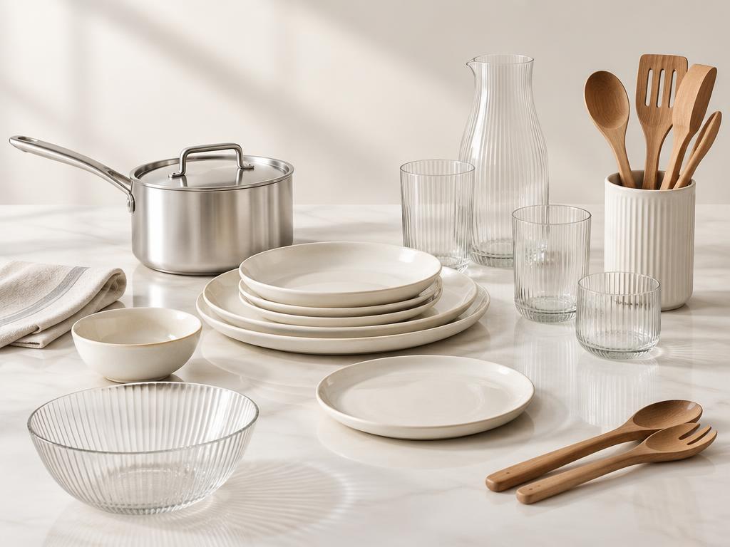 Contemporary cookware, cutting boards, utensils and glassware