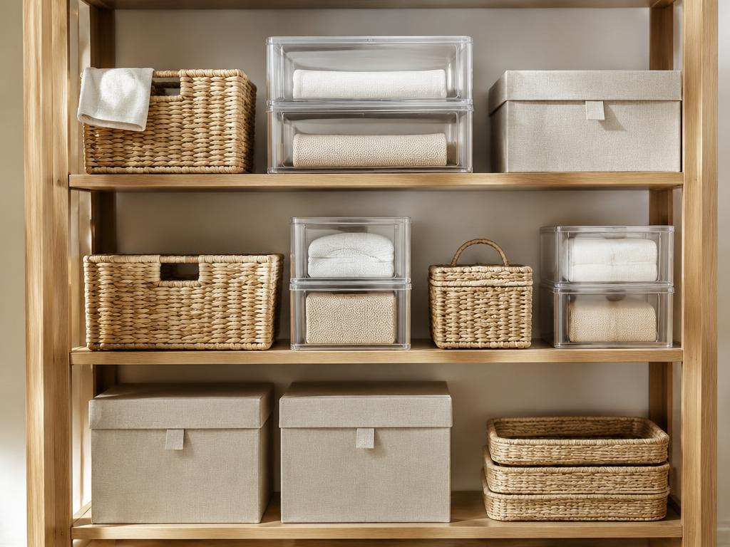 Woven baskets, clear bins and linen storage boxes