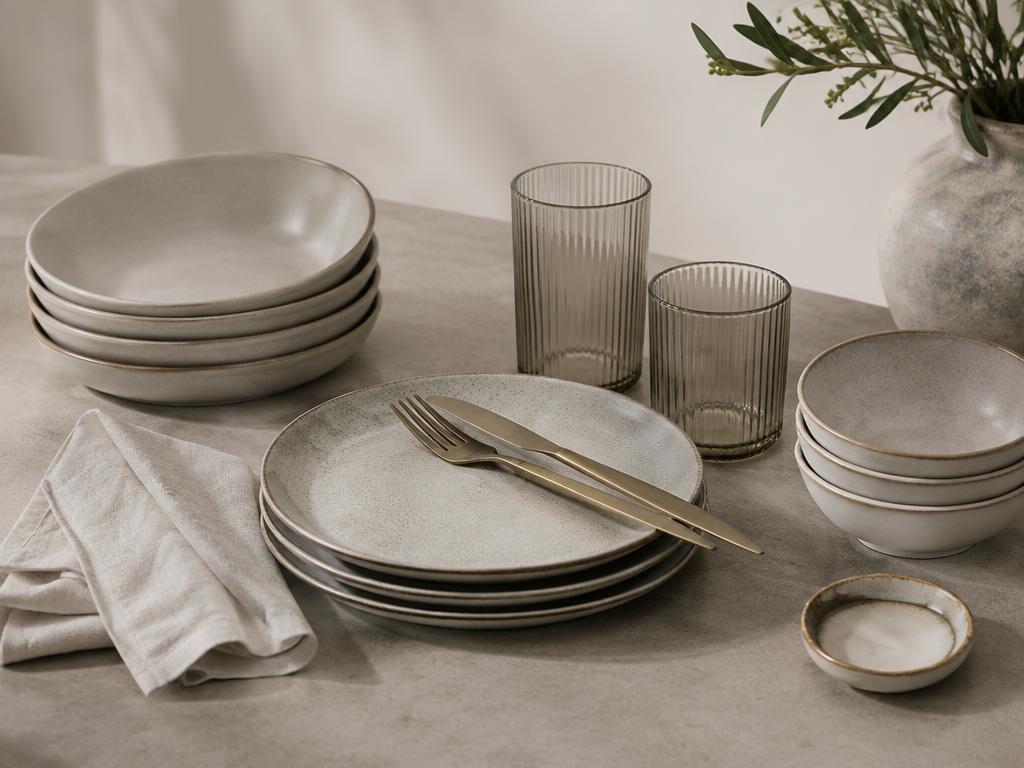Stoneware plates, ribbed glassware and brass flatware