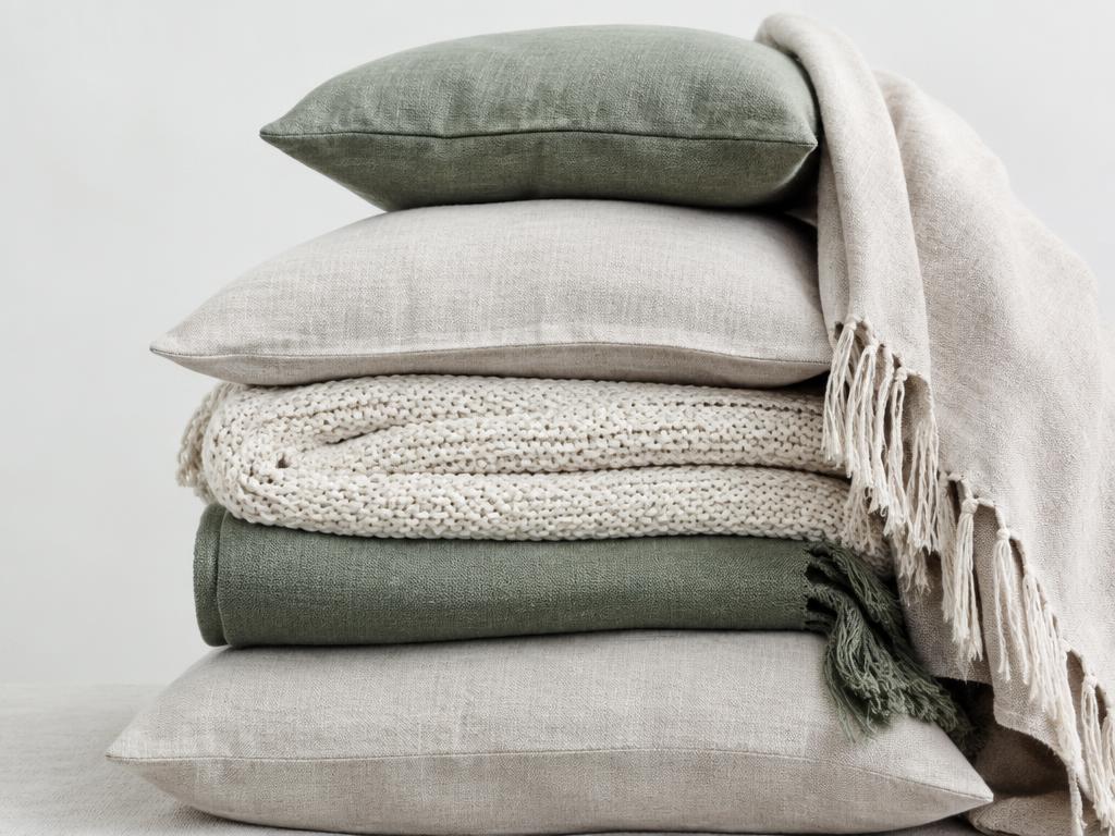 Stacked linen cushions, knit throw and fringed blanket